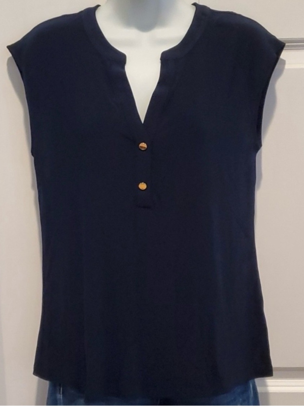 Anne Klein Navy Sleeveless Henley Shell with Gold Buttons